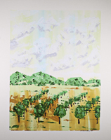 Abstract painting of an orchard.