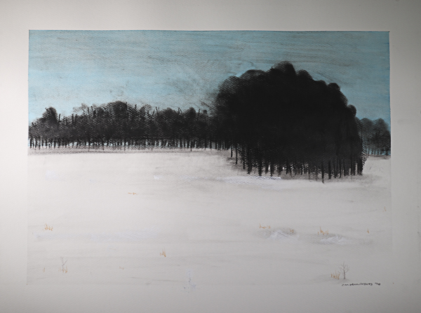 Abstract painting of trees in a winter pasture.