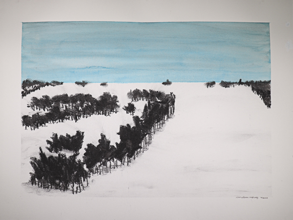 Abstract painting of trees in a winter pasture.