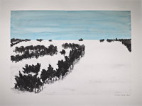 Abstract painting of a grove of trees in the winter.