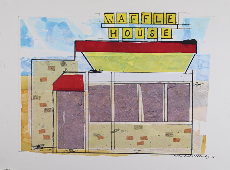 Abstract paitning and collage of a Waffle House restaurant