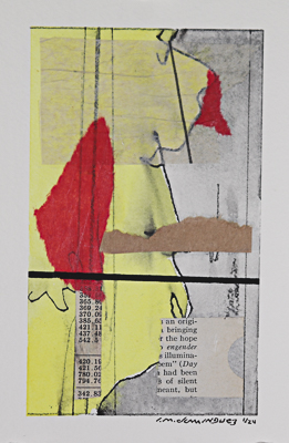 A small abstract collage painting. Mostly yellow and red style=