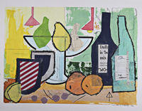 Abstract collage still life with fruit and wine bottles.