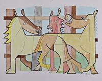 Abstract painting of three horses.