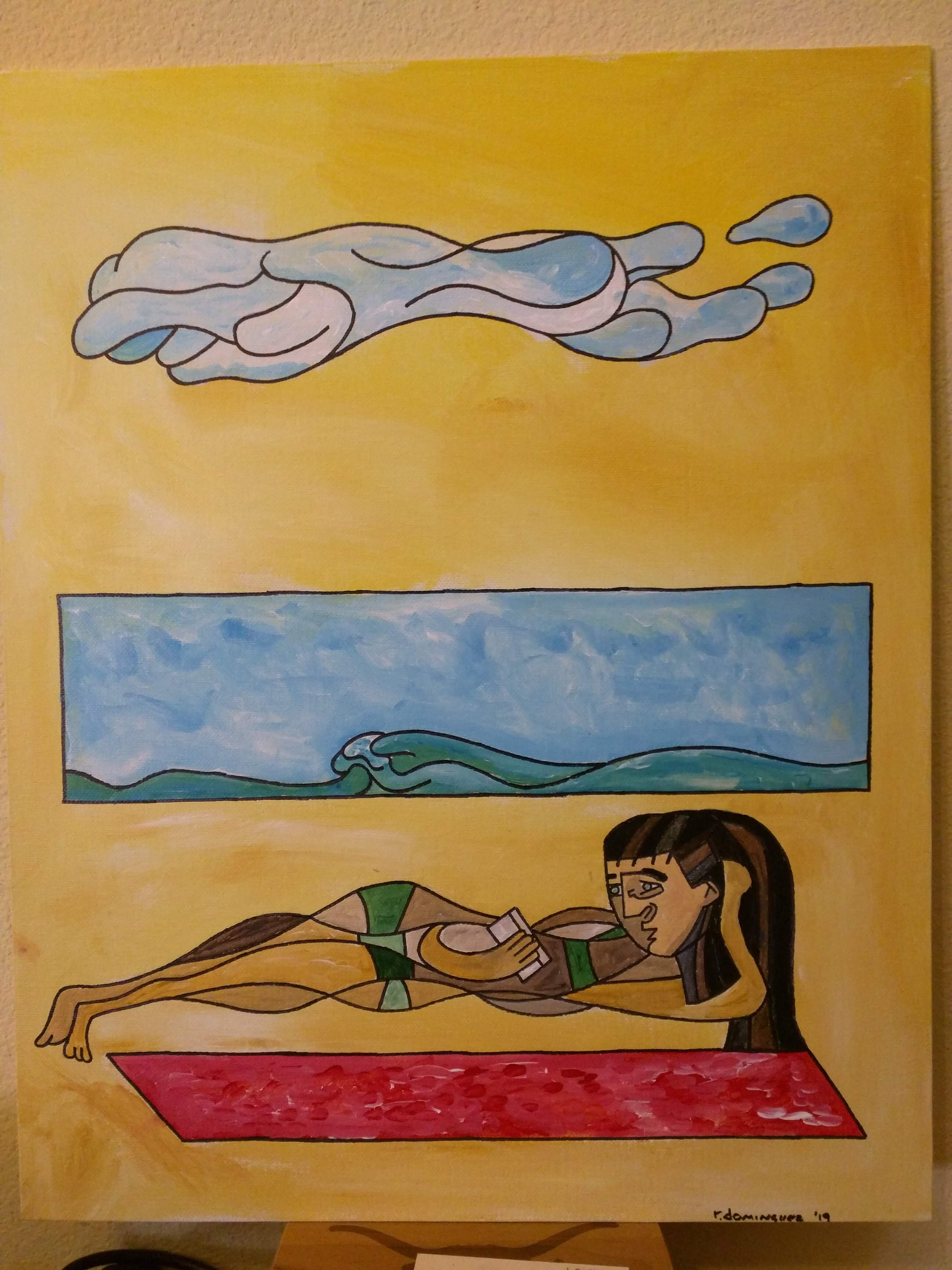 Painting of a sunbather at the beach.