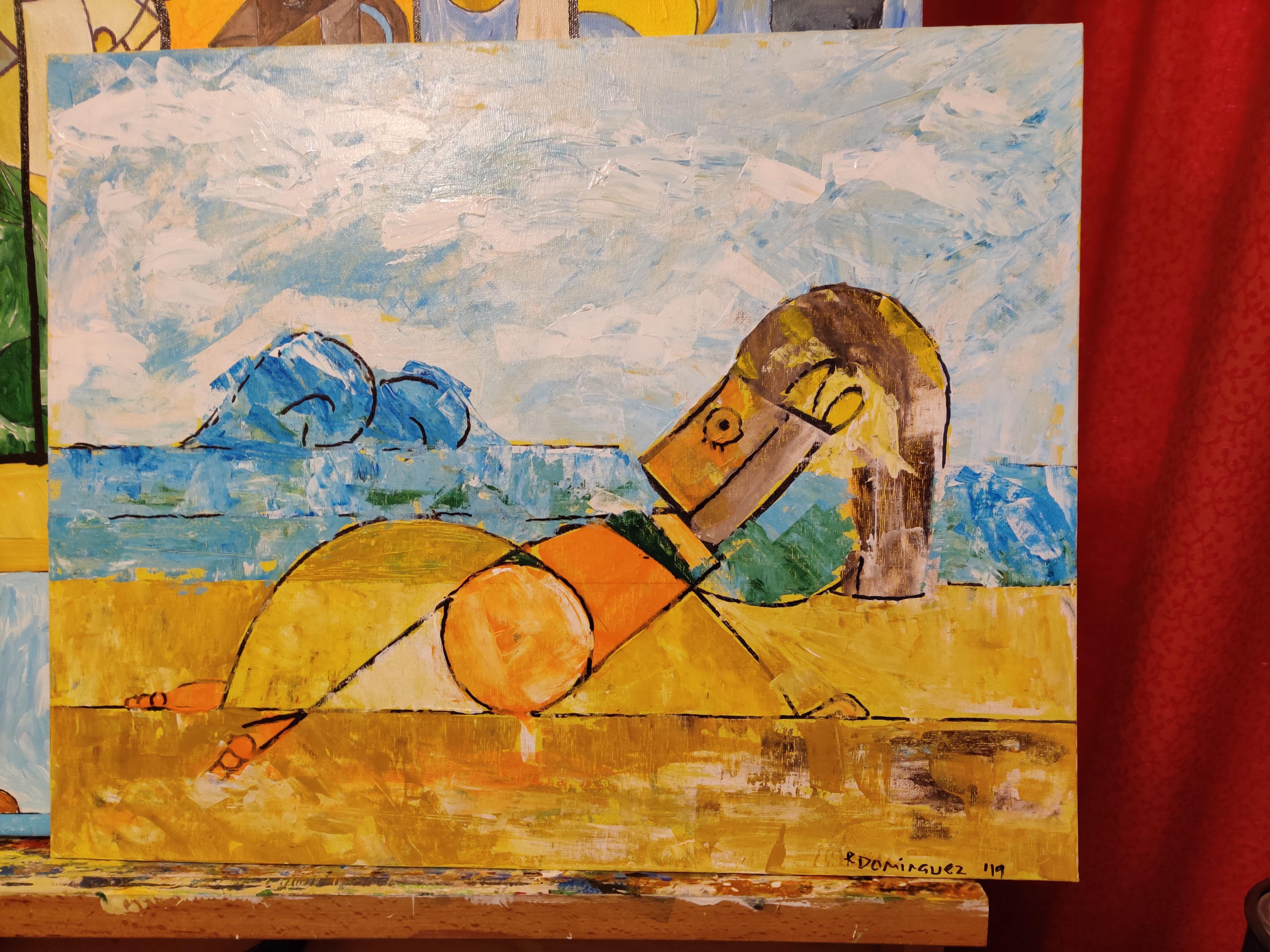 Abstract painting of a sunbather on a beach