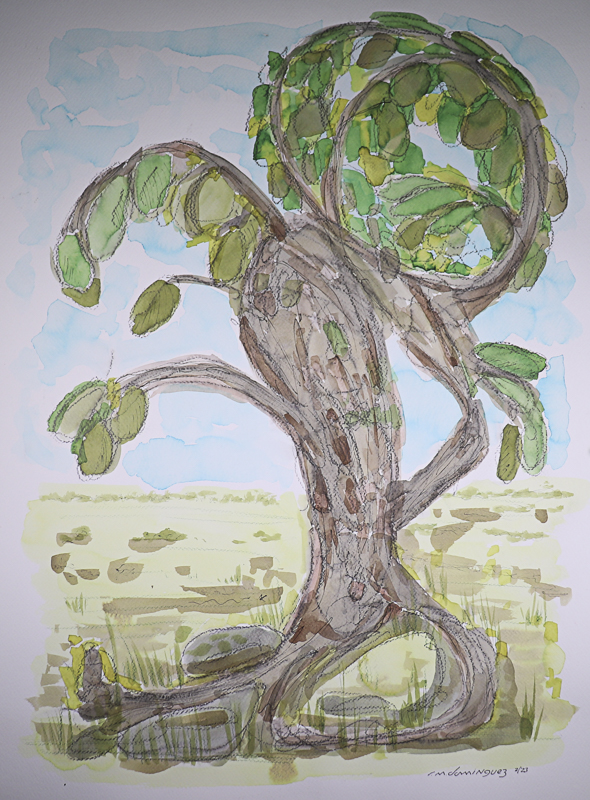 Abstract watercolor painting of an oak tree