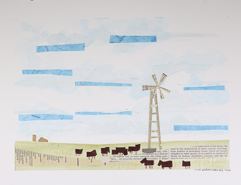 Collage and mixed media landscape of a pasture with windmill and cows