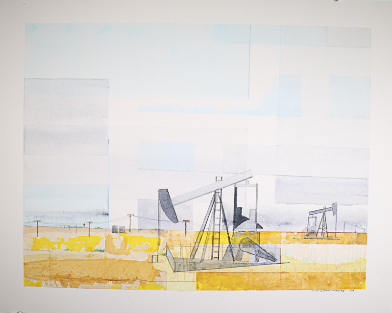 Watercolor landscape painting of West Texas with oil well