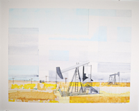 Mixed media abstract landscape with an oil well.