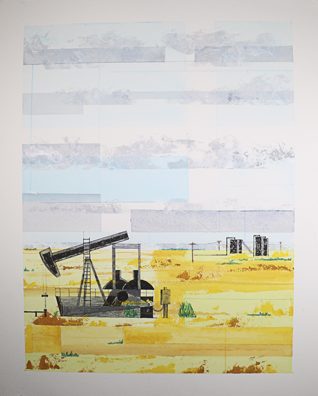 Watercolor landscape painting of West Texas with oil well