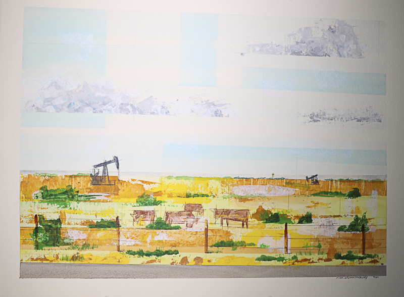 Watercolor landscape painting of West Texas with oil well