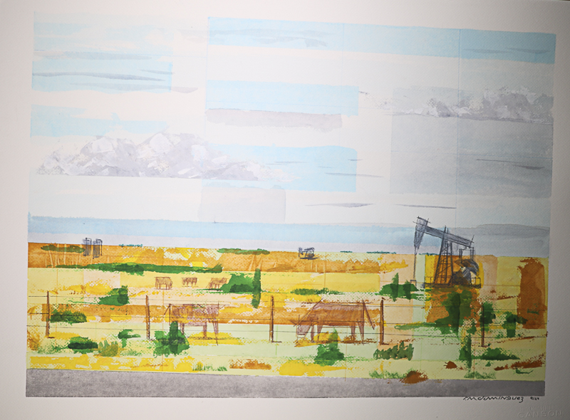 Watercolor landscape painting of West Texas with oil well