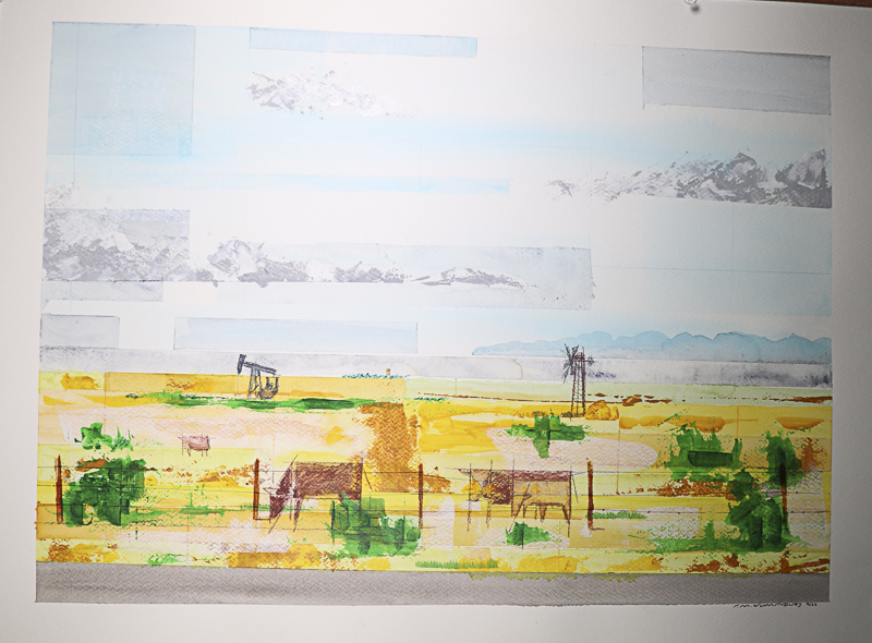 Watercolor landscape painting of West Texas with oil well