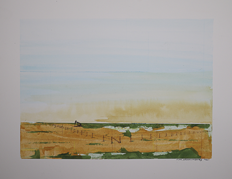 Mixed media color landscape painting of West Texas range land.