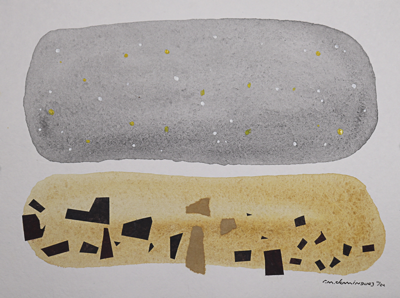 Watercolor and collage of an abstract landscape at night