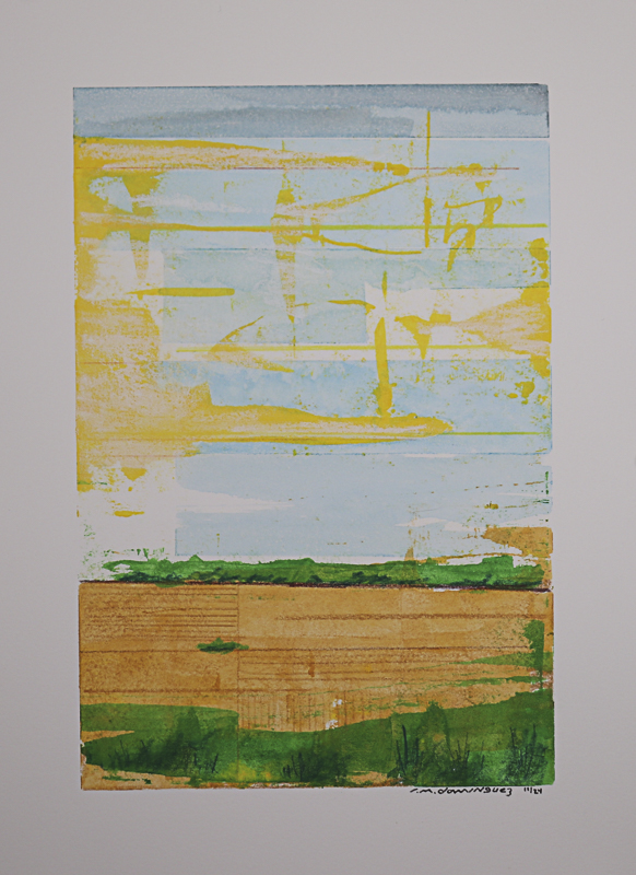 MIxed media abstract painting on paper of a farm field with a yellow sky above