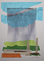 Abstract collage and mixed media painting of a rainy landscape